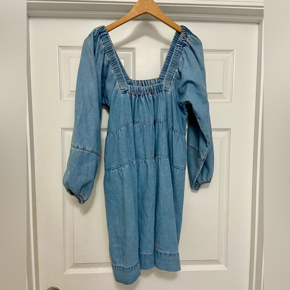 Free People Denim Off Shoulder Puff Sleeve Dress